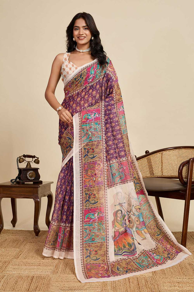 Violet Printed Linen Saree
