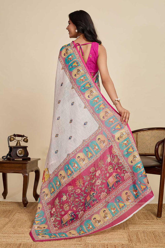 Off White Printed Linen Saree