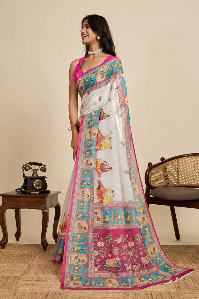 Off White Printed Linen Saree