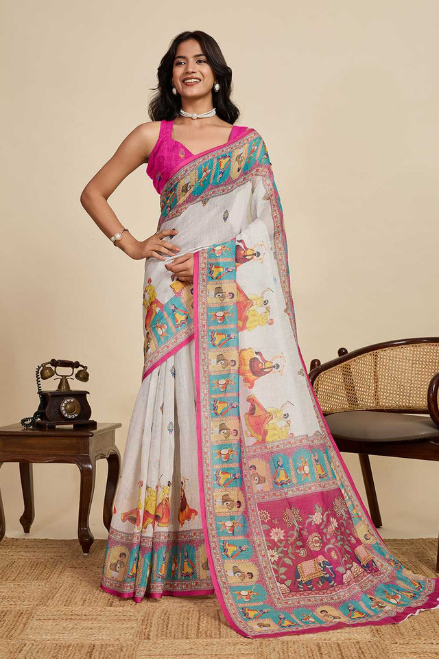 Off White Printed Linen Saree