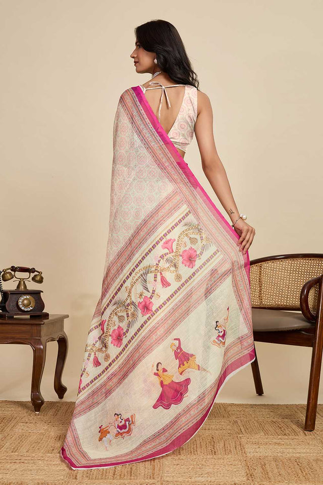 Cream Printed Linen Saree