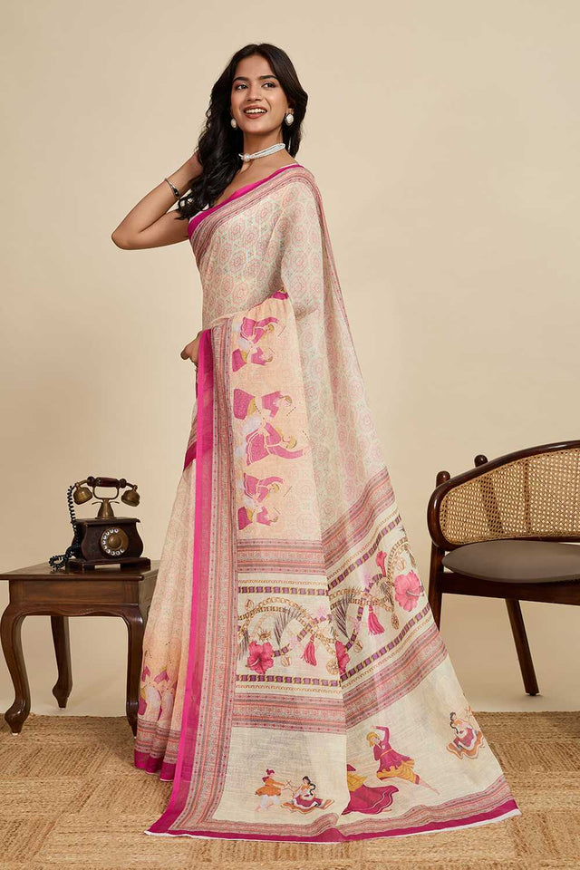 Cream Printed Linen Saree