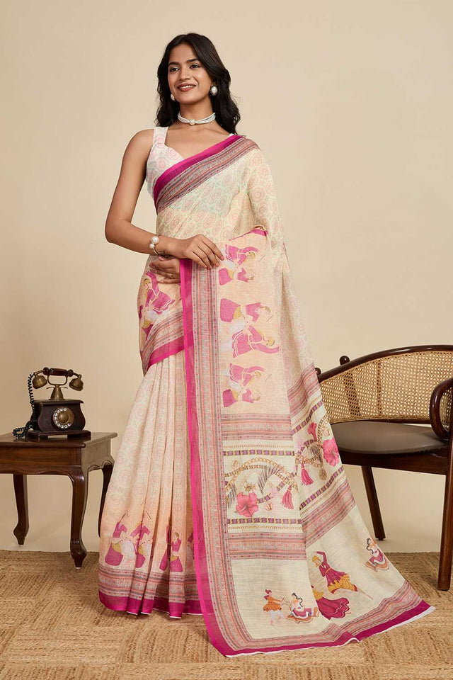 Cream Printed Linen Saree