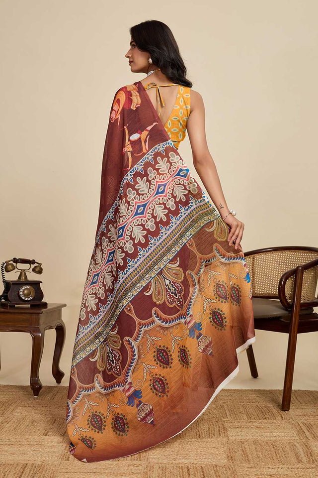 Brown Printed Linen Saree