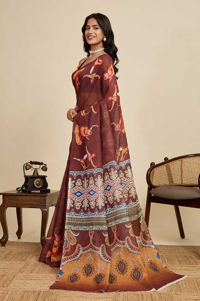 Brown Printed Linen Saree