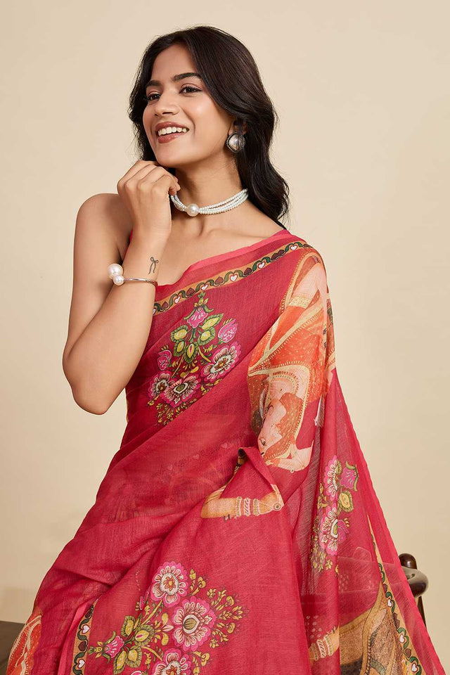 Maroon Printed Linen Saree