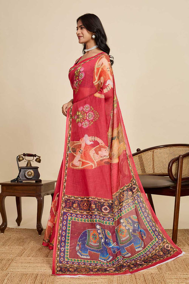 Maroon Printed Linen Saree