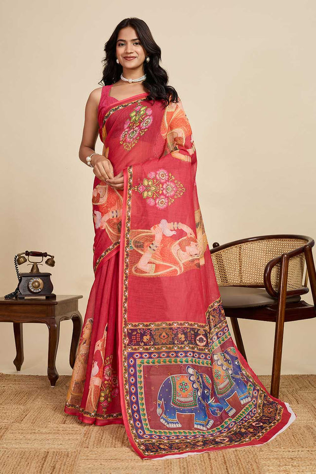 Maroon Printed Linen Saree