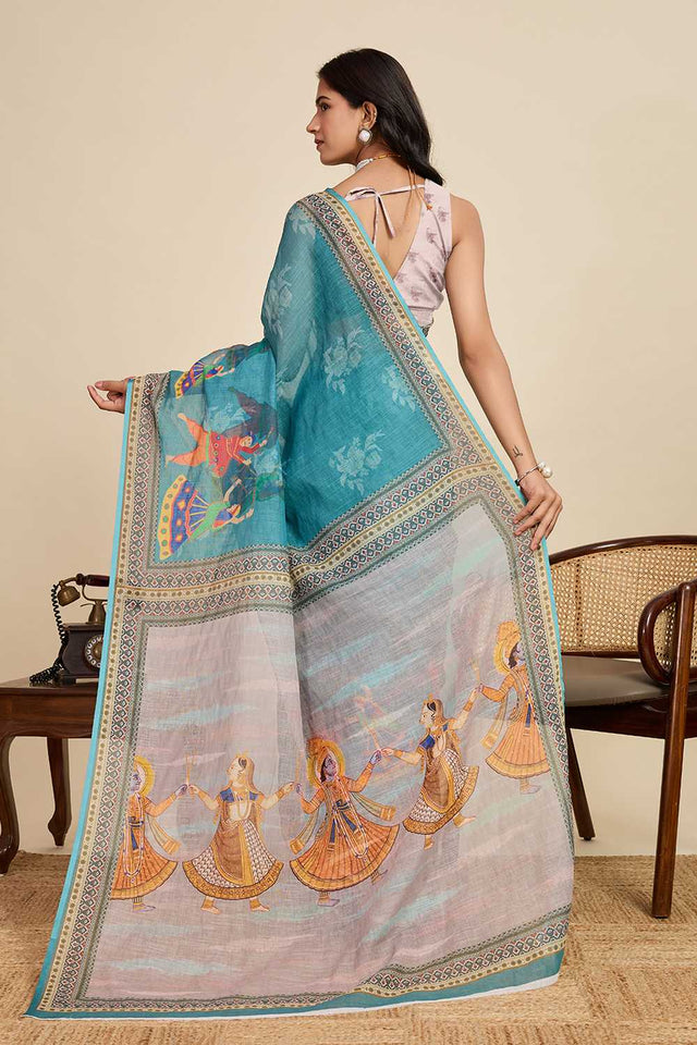 Blue Printed Linen Saree