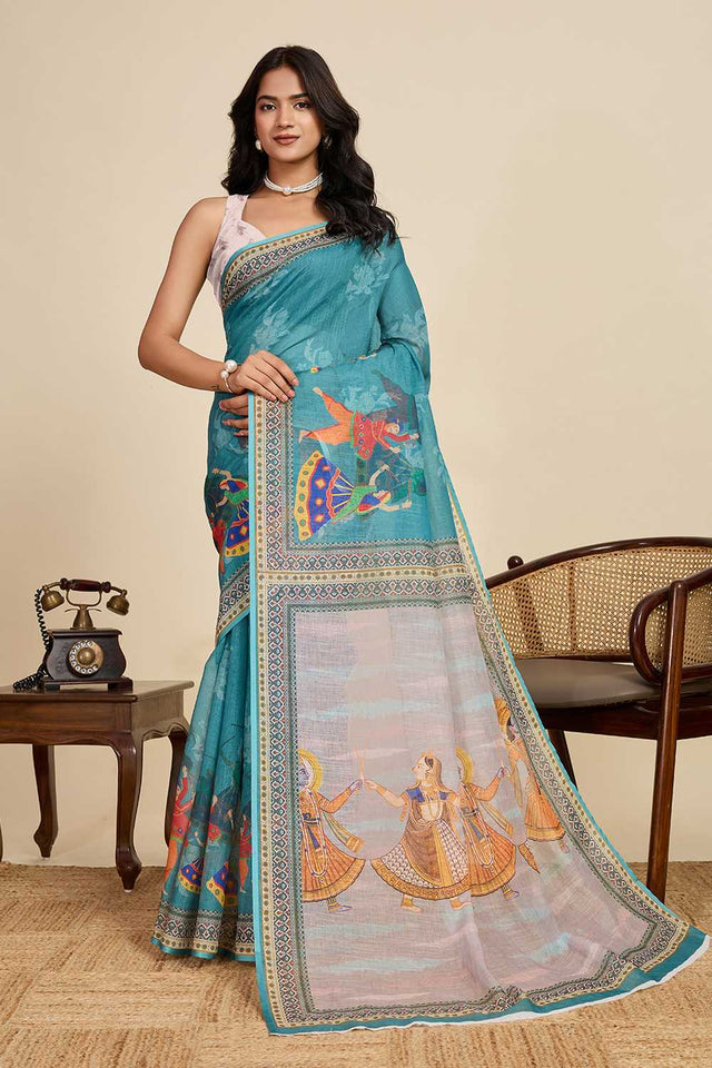 Blue Printed Linen Saree