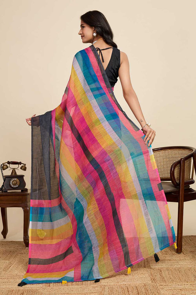 Multi Color Printed Linen Saree