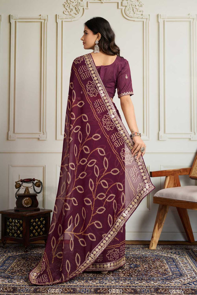 Wine Bandhani Printed Georgette Saree