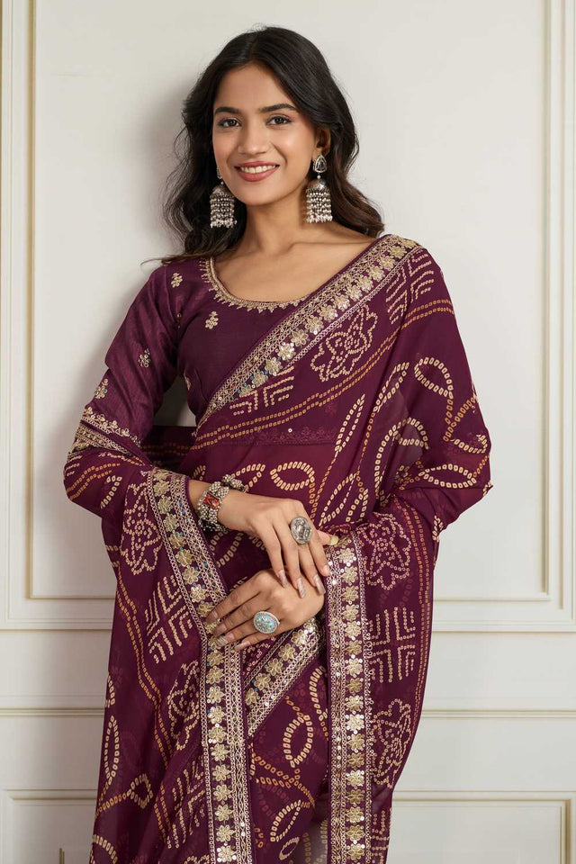Wine Bandhani Printed Georgette Saree