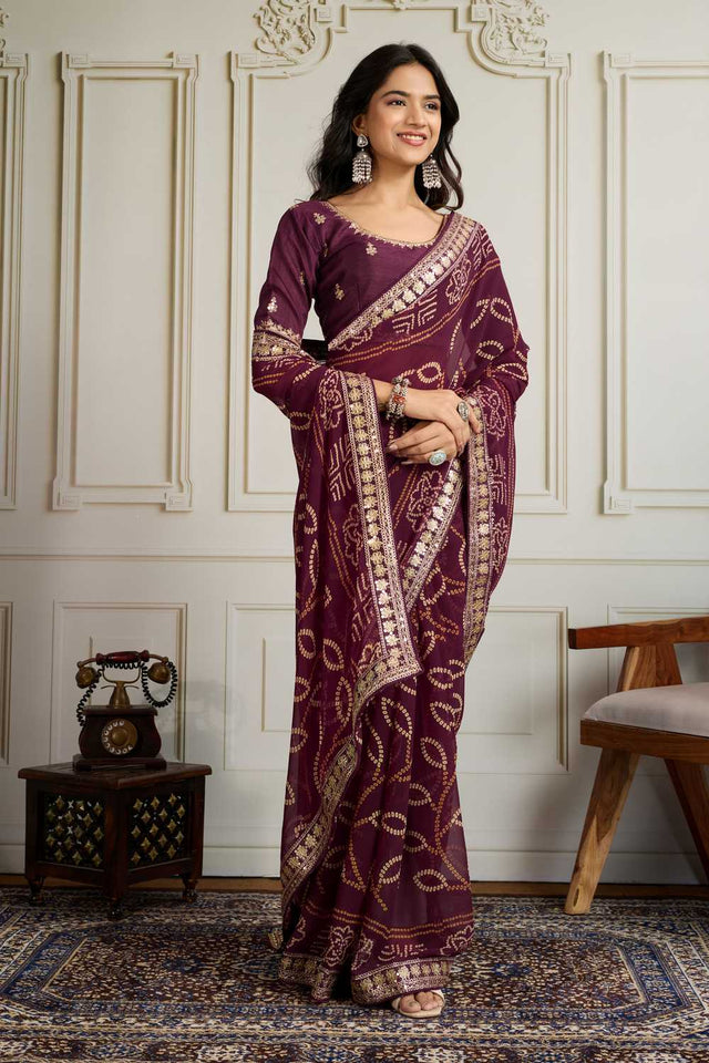 Wine Bandhani Printed Georgette Saree