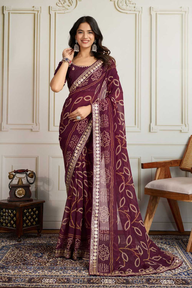 Wine Bandhani Printed Georgette Saree