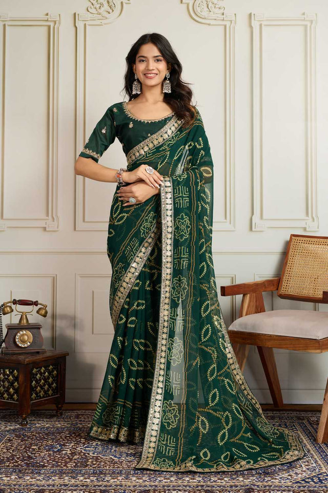 Green Bandhani Printed Georgette Saree