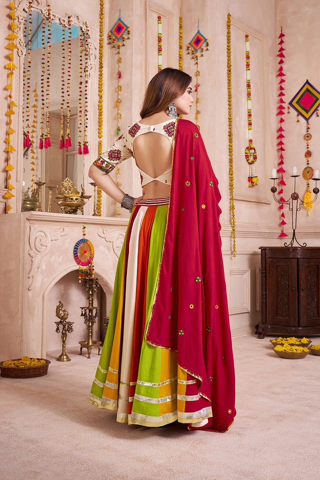Multi Color Solid with Lace Work Cotton Lehenga