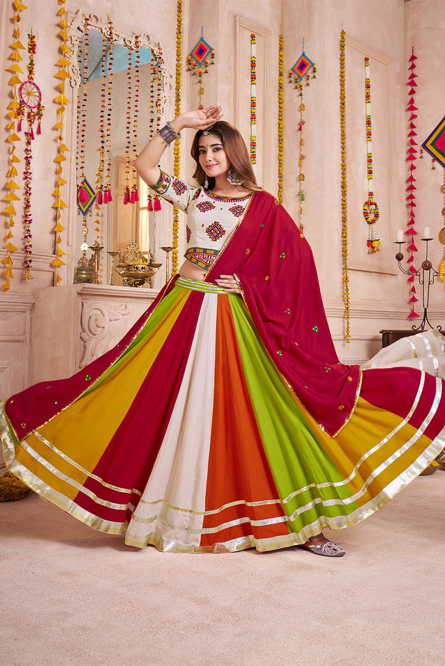 Multi Color Solid with Lace Work Cotton Lehenga