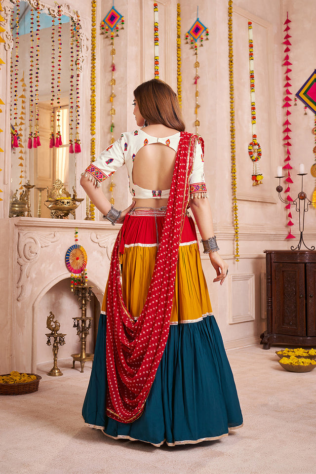 Multi Color Solid with Lace Work Cotton Lehenga