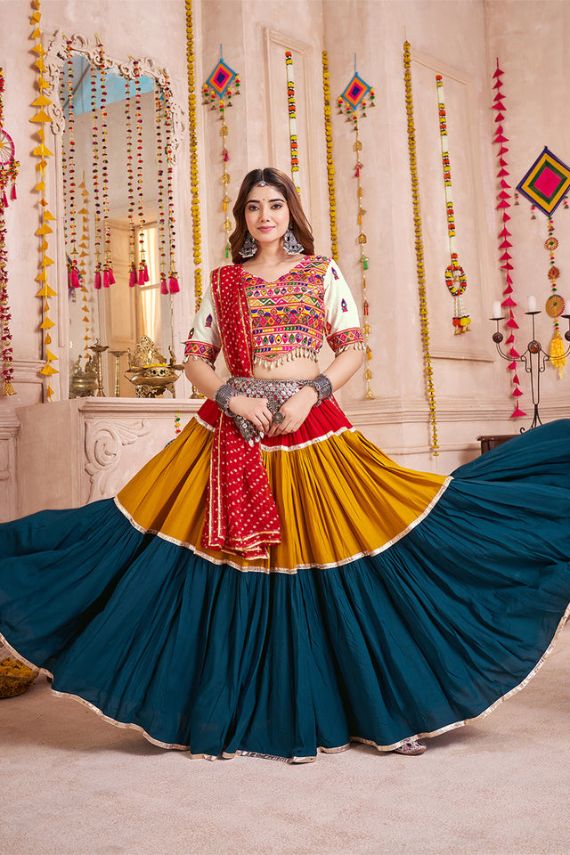Multi Color Solid with Lace Work Cotton Lehenga