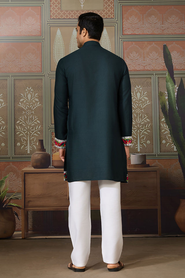 Men's Green Mirror Sequin with Embroidered Cotton Kurta Tops (ACA1462)
