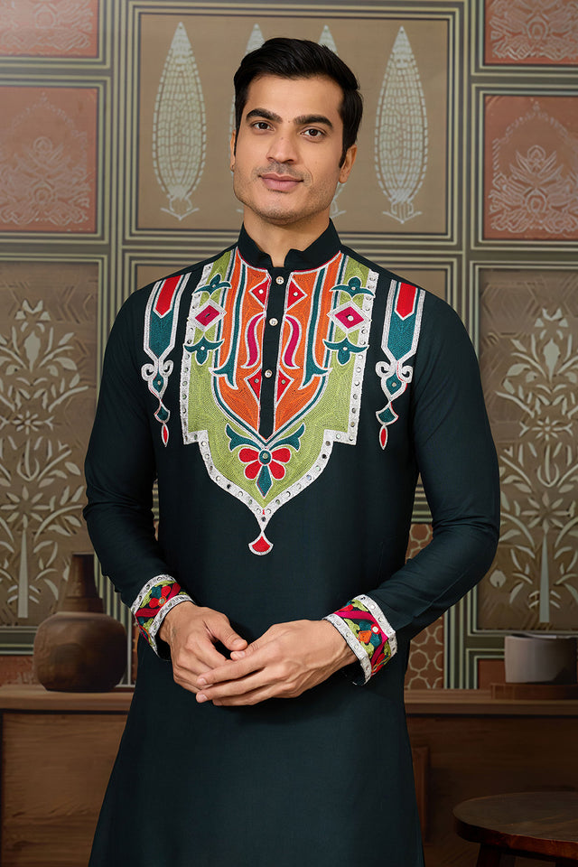 Men's Green Mirror Sequin with Embroidered Cotton Kurta Tops (ACA1462)