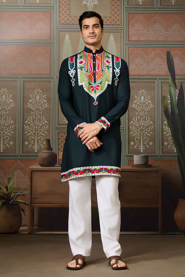 Men's Green Mirror Sequin with Embroidered Cotton Kurta Tops (ACA1462)