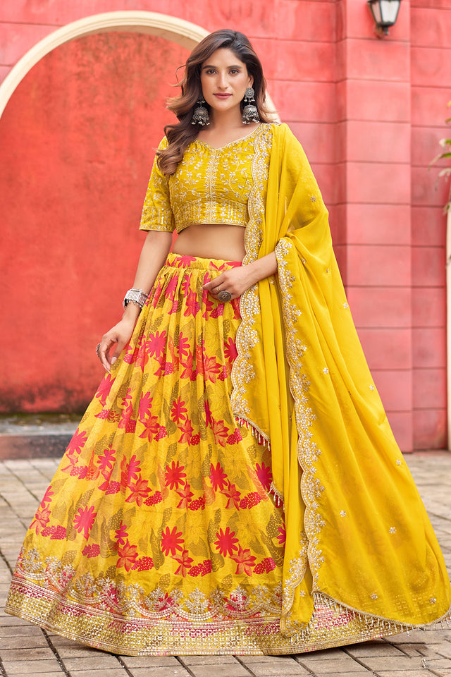 Yellow Floral Printed Silk Lehenga