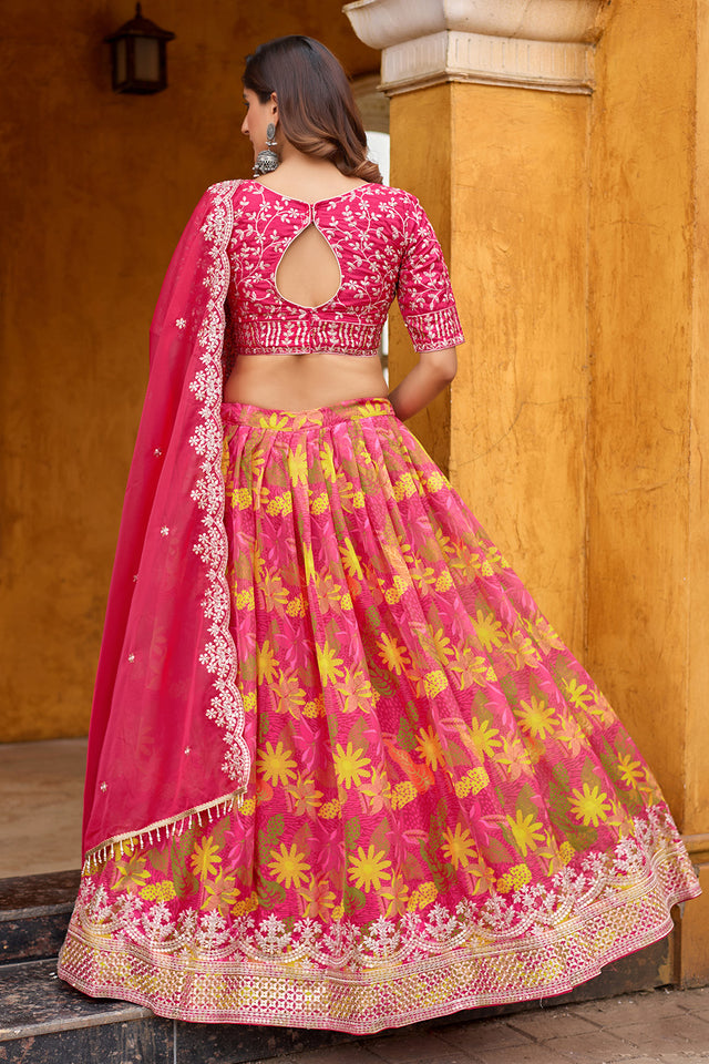 Pink Floral Printed Silk Lehenga