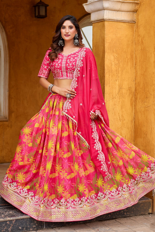 Pink Floral Printed Silk Lehenga