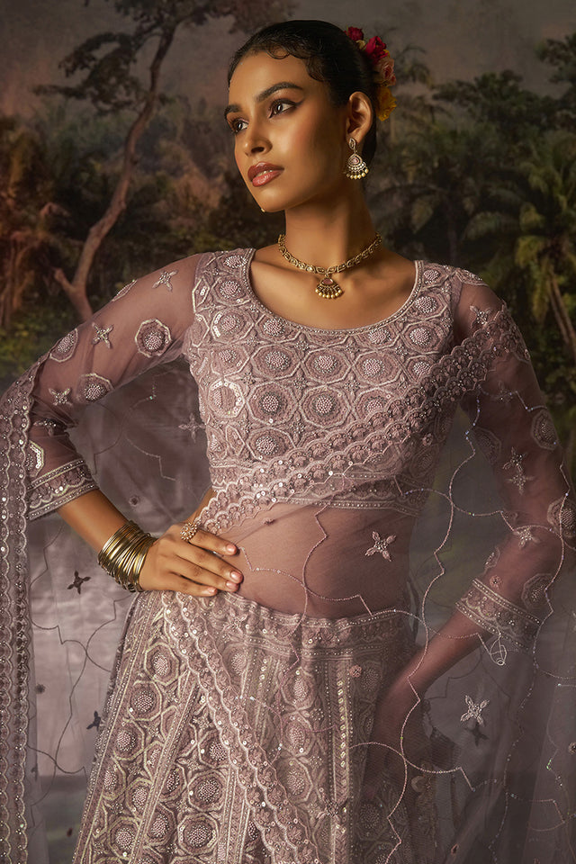 Mauve Sequin with Embroidered Net Lehenga