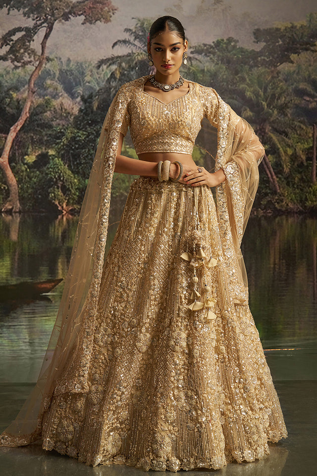 Cream Sequin with Embroidered Net Lehenga