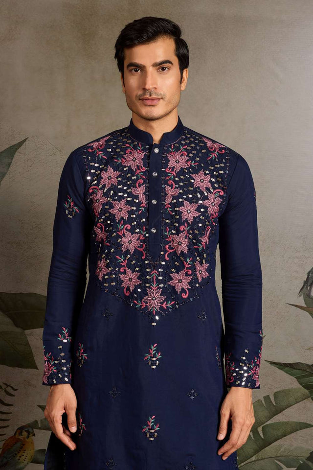 Men's Navy Blue Sequin with Embroidered Viscose Silk Kurta Pyjama Set (ACA1620)