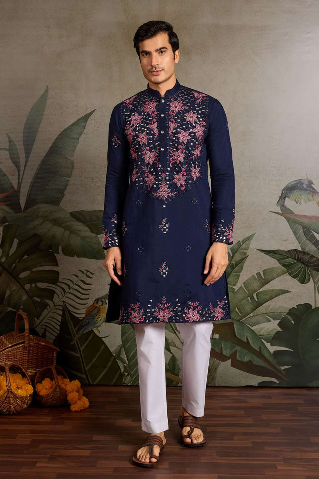 Men's Navy Blue Sequin with Embroidered Viscose Silk Kurta Pyjama Set (ACA1620)