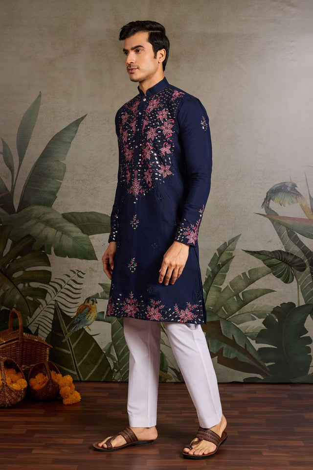 Men's Navy Blue Sequin with Embroidered Viscose Silk Kurta Pyjama Set (ACA1620)