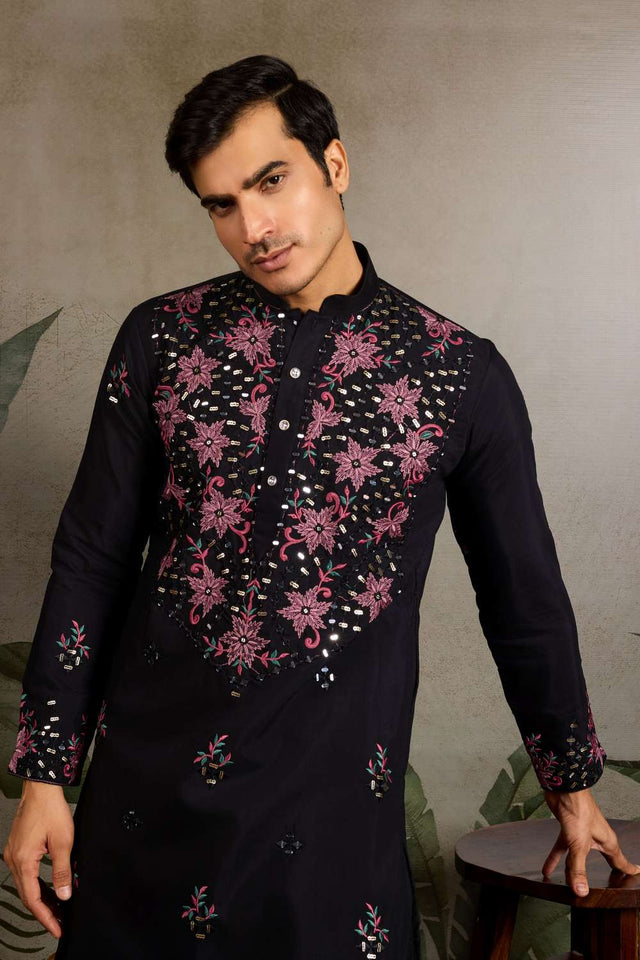 Men's Black Sequin with Embroidered Viscose Silk Kurta Pyjama Set (ACA1621)