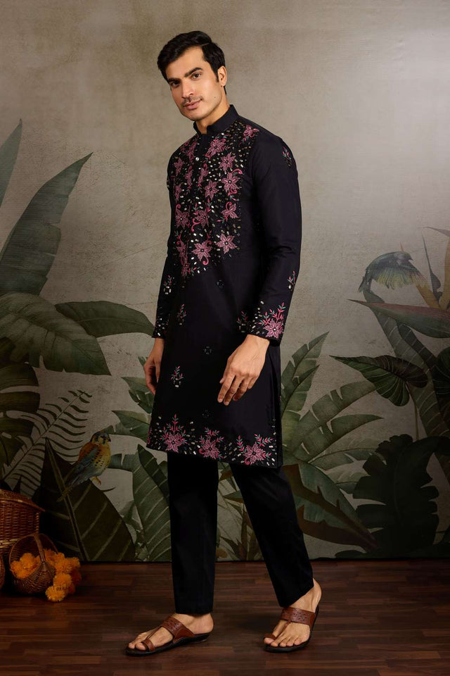 Men's Black Sequin with Embroidered Viscose Silk Kurta Pyjama Set (ACA1621)
