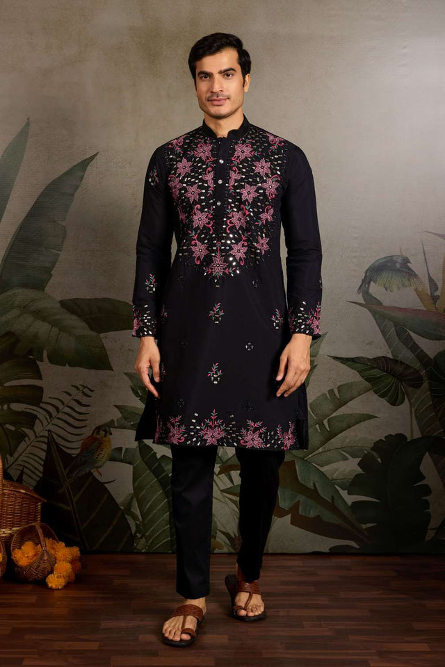Men's Black Sequin with Embroidered Viscose Silk Kurta Pyjama Set (ACA1621)