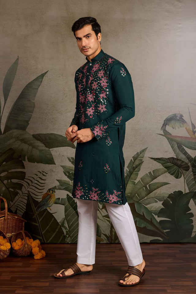 Men's Green Sequin with Embroidered Viscose Silk Kurta Pyjama Set (ACA1622)