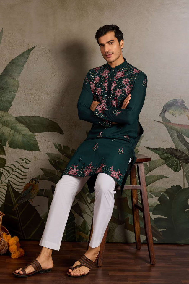 Men's Green Sequin with Embroidered Viscose Silk Kurta Pyjama Set (ACA1622)