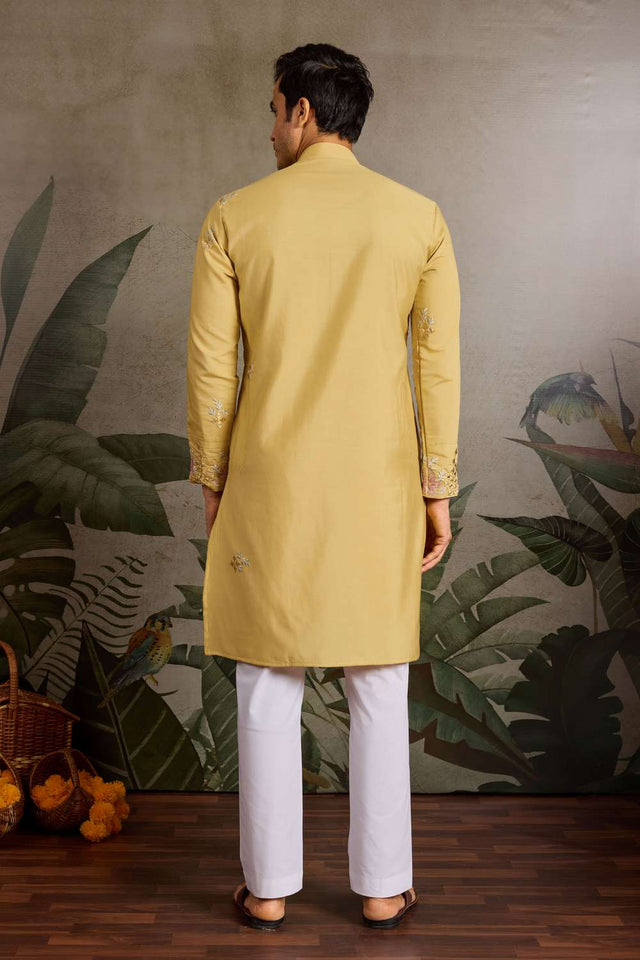 Men's Yellow Sequin with Embroidered Viscose Silk Kurta Pyjama Set (ACA1625)