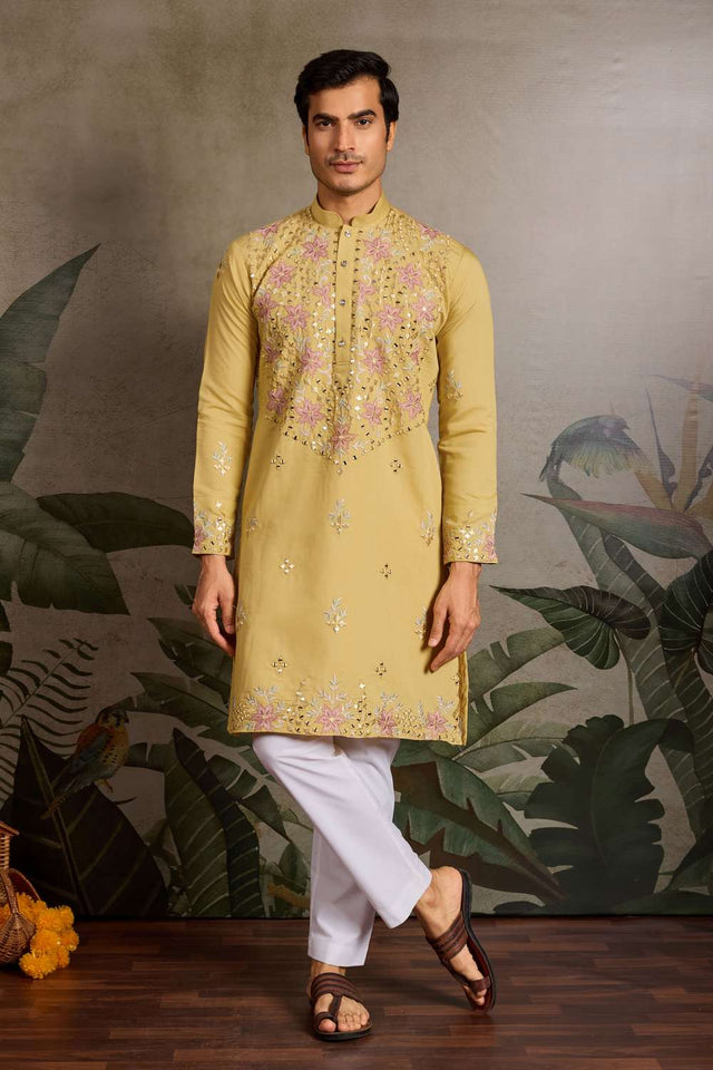 Men's Yellow Sequin with Embroidered Viscose Silk Kurta Pyjama Set (ACA1625)