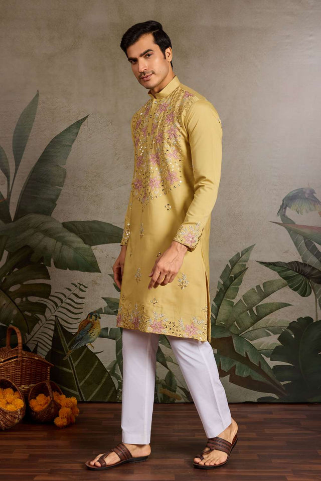Men's Yellow Sequin with Embroidered Viscose Silk Kurta Pyjama Set (ACA1625)