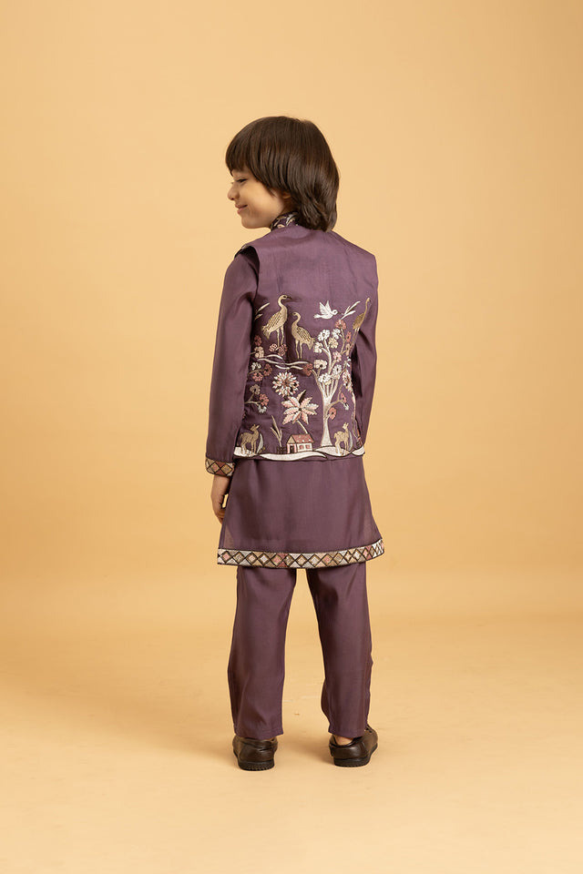 Boy's Purple Embroidered Viscose Silk Nehru Jacket Set (ACA1635)