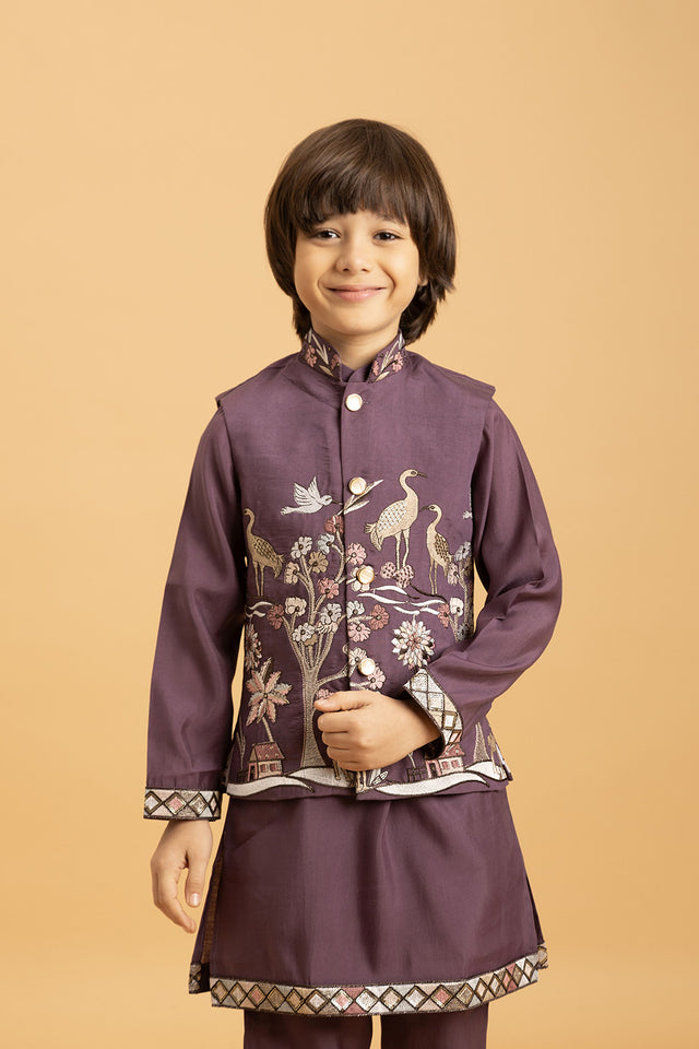 Boy's Purple Embroidered Viscose Silk Nehru Jacket Set (ACA1635)