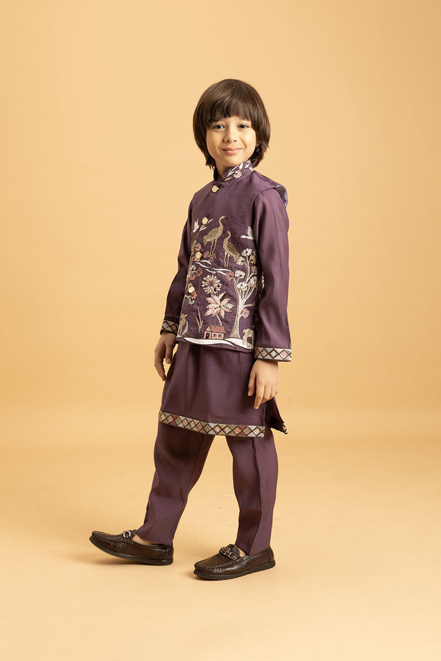 Boy's Purple Embroidered Viscose Silk Nehru Jacket Set (ACA1635)