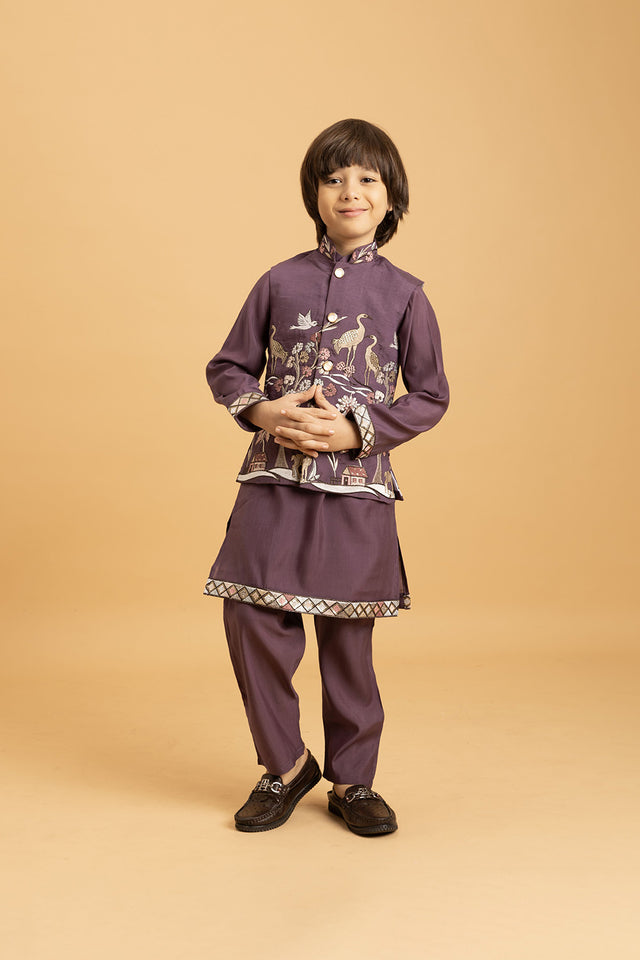 Boy's Purple Embroidered Viscose Silk Nehru Jacket Set (ACA1635)