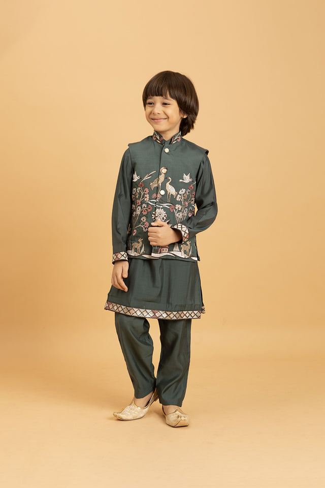 Boy's Green Embroidered Viscose Silk Nehru Jacket Set (ACA1636)