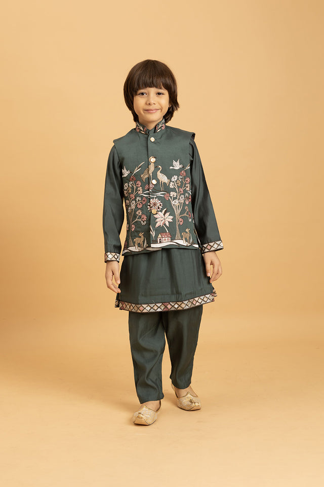 Boy's Green Embroidered Viscose Silk Nehru Jacket Set (ACA1636)