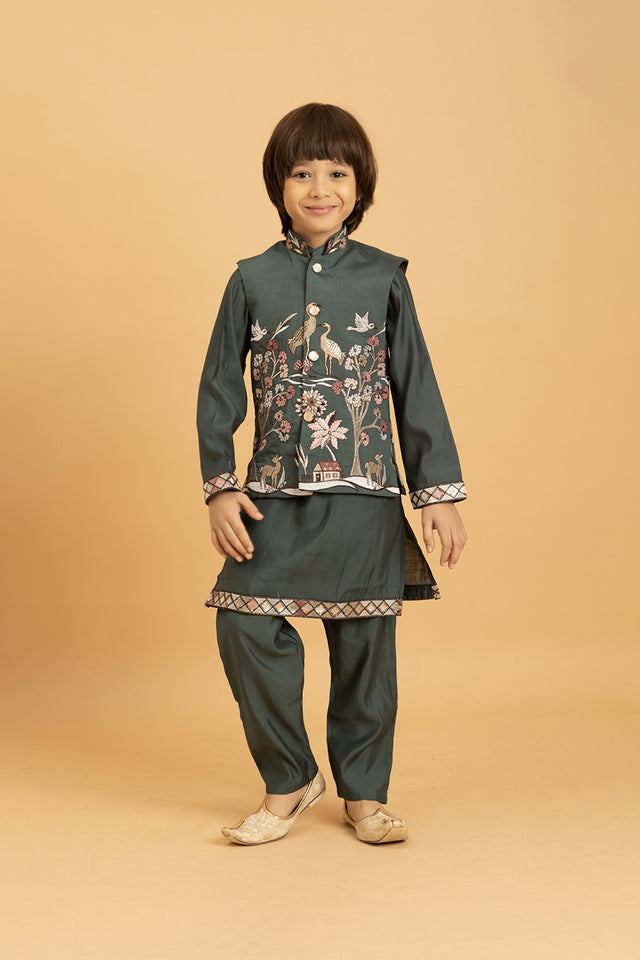 Boy's Green Embroidered Viscose Silk Nehru Jacket Set (ACA1636)